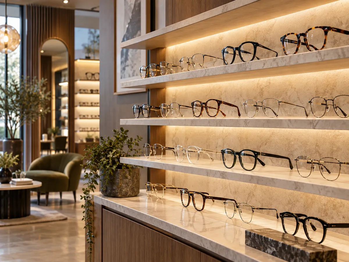Optical display wall lined with prescription frames and sunglasses