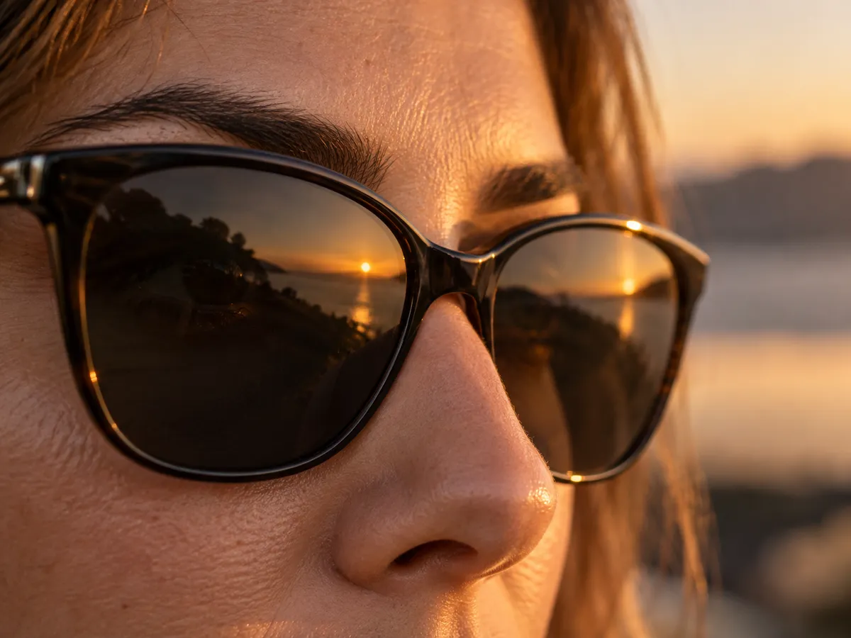 A woman wearing dark sunglasses at sunset